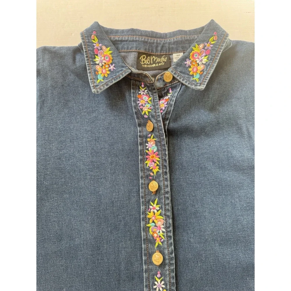 VTG Y2K Bob Mackie Wearable Art Embroidered Maypole Denim Button Down‎ Sz Medium